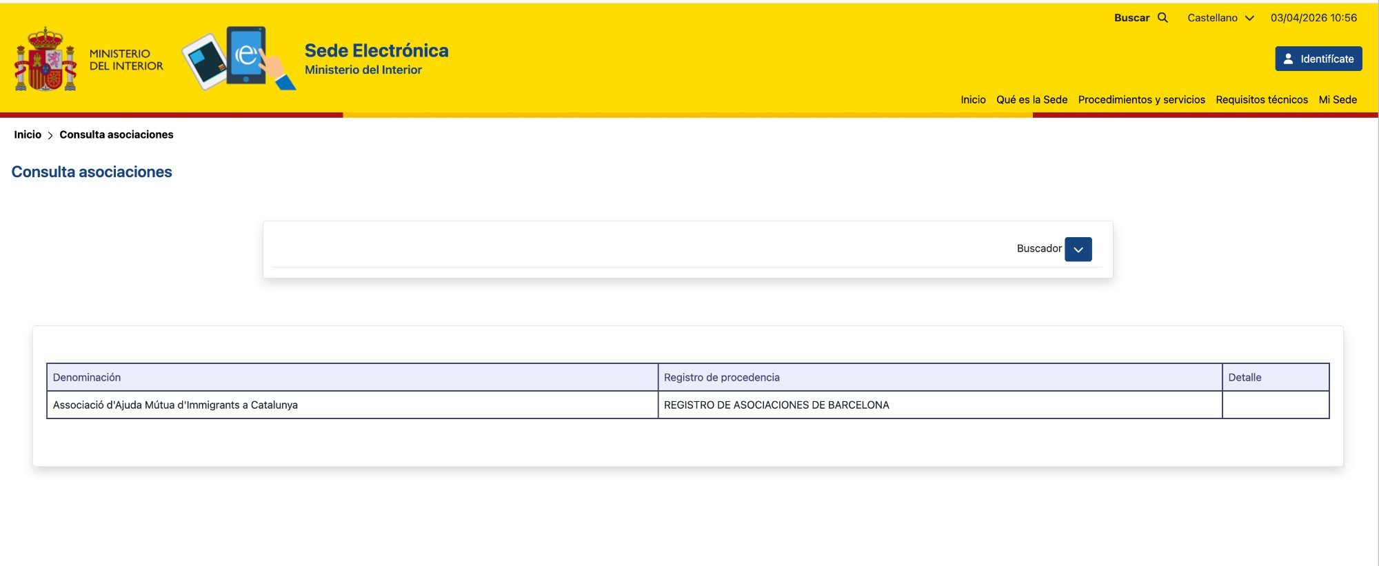Captura del registro de AMIC-UGT en la Sede Electrónica del Ministerio del Interior